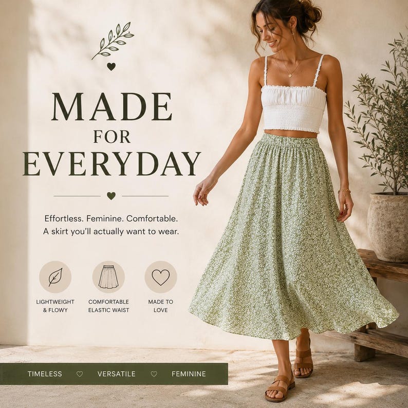 May include: A white smocked crop top with thin straps paired with a light green midi skirt featuring a small white floral pattern. The text on the image reads: MADE FOR EVERYDAY, Effortless, Feminine, Comfortable, A skirt you'll actually want to wear.