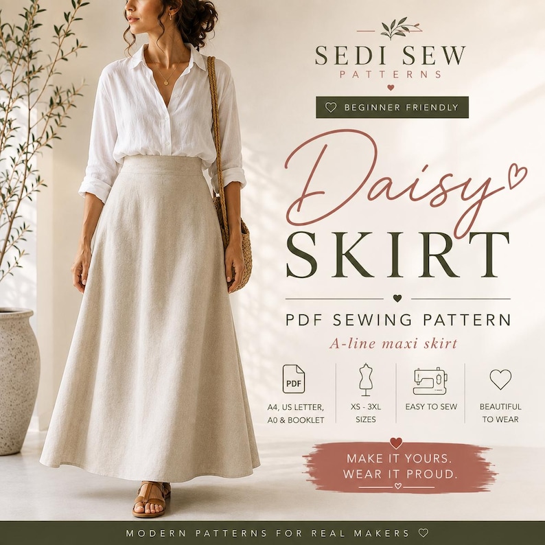 Puede incluir: Un patr&oacute;n de costura en PDF para una falda larga evas&eacute; de color beige de Sedi Sew Patterns. El texto incluye Daisy Skirt, Beginner Friendly, tallas XS-3XL y formatos A4, US Letter, A0 y folleto. La falda presenta un dise&ntilde;o de talle alto.
