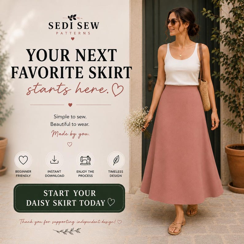 Puede incluir: Un anuncio de patr&oacute;n de costura para una falda Daisy con el texto Sedi Sew Patterns, Your Next Favorite Skirt starts here, Simple to sew, Beautiful to wear, Made by you y Start Your Daisy Skirt Today, junto a una falda rosa.