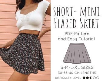 BEST Short Mini Flared Skirt PDF Pattern Printable Sewing Small Medium Large Extra s l m xl Sızes Multible lengthi Standart Short Easy DIY