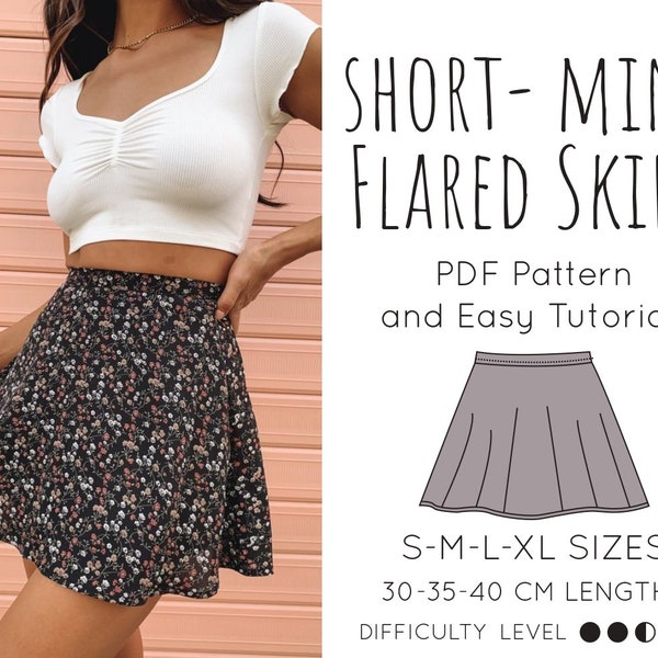 BEST Short Mini Flared Skirt PDF Pattern Printable Sewing Small Medium Large Extra s l m xl Sızes Multible lengthi Standart Short Easy DIY