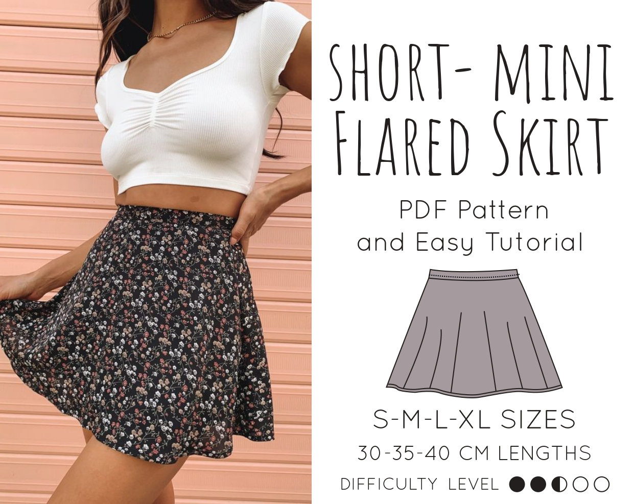 BEST Short Mini Flared Skirt PDF Pattern Printable Sewing Small Medium  Large Extra S L M Xl Sızes Multible Lengthi Standart Short Easy DIY 