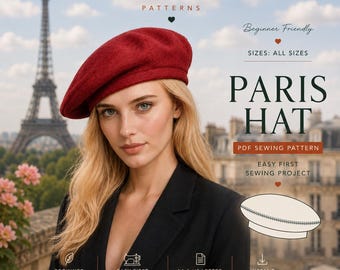 French Beret Sewing Pattern PDF, Paris Hat Pattern, Beginner Sewing Pattern, Women’s Beret Pattern, A4 US Letter, Instant Download