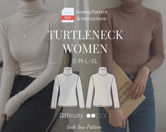 BEST Turtleneck Shirt Digital PDF Sewing Pattern and Easy  Detailed Tutorial Basic Top Rib Knit Vintage DIY Women S M L Sizes