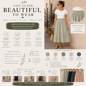 May include: A digital sewing pattern for a midi-length skirt with a floral print, featuring a 1.18 inch wide elastic waistband. The instructional guide includes fabric suggestions like cotton, linen, and viscose, with a skill level for beginners.