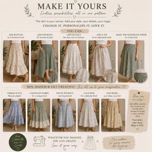 May include: A sewing pattern guide titled MAKE IT YOURS, featuring ten photographs of skirts with various modifications like ruffles, pockets, lace trim, buttons, and ties. The guide includes text instructions for customizing skirt designs.
