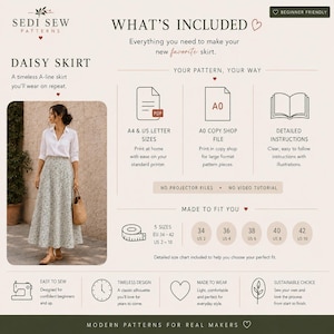 Puede incluir: Un patr&oacute;n de costura digital para una falda Daisy de Sedi Sew Patterns. La imagen incluye una foto de una persona con una camisa blanca y una falda de l&iacute;nea A con estampado floral, junto con texto que detalla formatos y tallas EU 34-42.