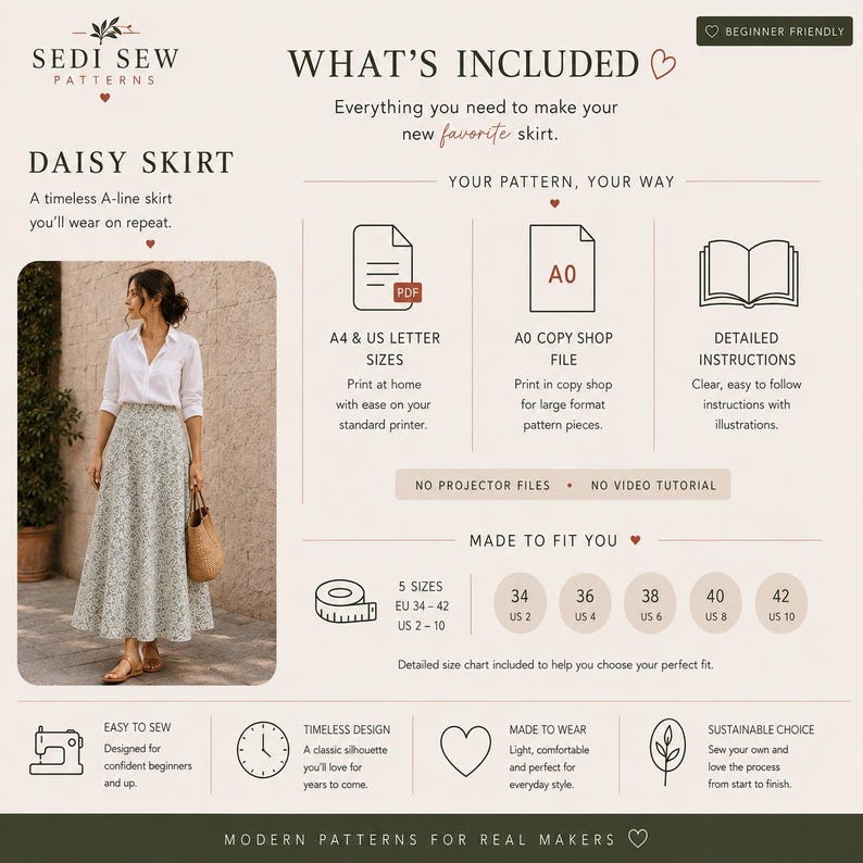 Puede incluir: Un patr&oacute;n de costura digital para una falda Daisy de Sedi Sew Patterns. La imagen incluye una foto de una persona con una camisa blanca y una falda de l&iacute;nea A con estampado floral, junto con texto que detalla formatos y tallas EU 34-42.