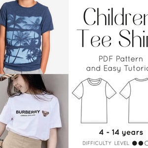 以下が含まれることがあります： ヤシの木のグラフィックが入ったネイビーブルーのTシャツと、バーバリーのロゴが入った白いTシャツ。画像には、「Children Tee Shirt」と「4 - 14 years」というテキストが入った子供用Tシャツのパターンも含まれています。