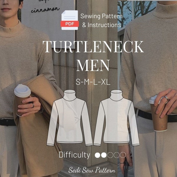 BEST Turtleneck Men Shirt Digital PDF Sewing Pattern and Easy  Detailed Tutorial Basic Top Rib Knit Vintage DIY  S M L Sizes