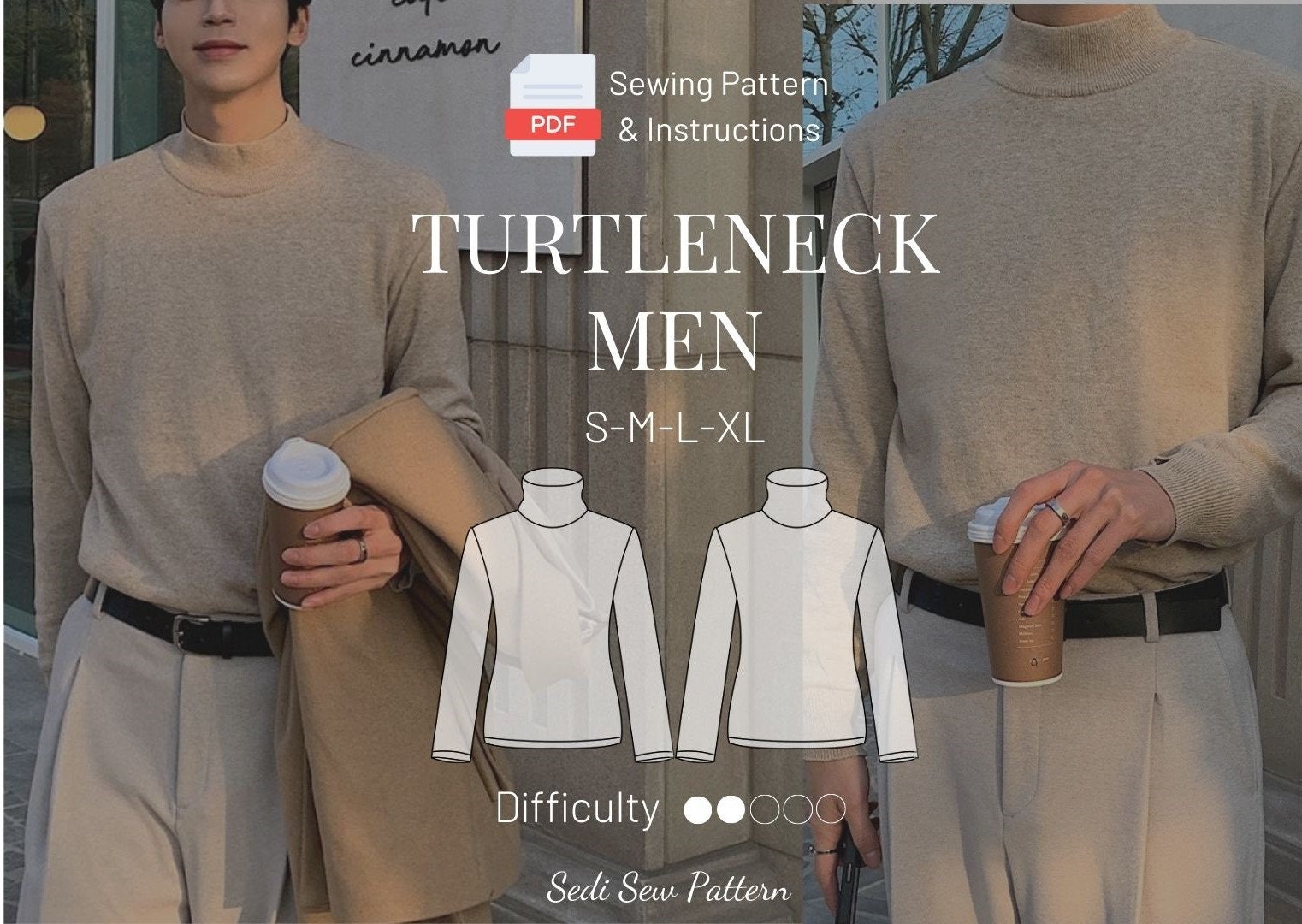 BEST Turtleneck Men Shirt Digital PDF Sewing Pattern and Easy