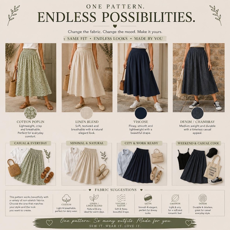 May include: A sewing pattern guide titled ONE PATTERN. ENDLESS POSSIBILITIES. featuring four skirt styles in cotton poplin, linen blend, viscose, and denim. Includes fabric suggestions, outfit pairings, and instructions for creating various looks.
