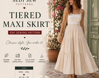 Boho Tiered Maxi Skirt Sewing Pattern PDF, Beginner Easy Skirt Pattern, Gathered Bohemian Long Skirt, Women’s Instant Download
