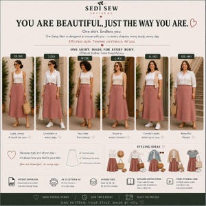 Puede incluir: Un patr&oacute;n de costura digital para una falda de Sedi Sew Patterns, con seis modelos que llevan la misma falda en forma de A de color rosa empolvado en tallas de la XS a la XXL. Incluye ideas de estilo, un diagrama del patr&oacute;n y detalles de descarga.