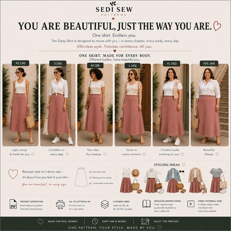 Puede incluir: Un patr&oacute;n de costura digital para una falda de Sedi Sew Patterns, con seis modelos que llevan la misma falda en forma de A de color rosa empolvado en tallas de la XS a la XXL. Incluye ideas de estilo, un diagrama del patr&oacute;n y detalles de descarga.