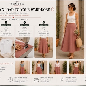 Puede incluir: Una infograf&iacute;a de patr&oacute;n de costura digital para una falda l&iacute;nea A color rosa empolvado titulada Sedi Sew Patterns. Muestra cuatro pasos: descargar, imprimir, coser y usar. Incluye un modelo con la falda y varias opciones de estilo.