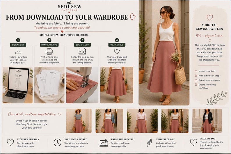 Puede incluir: Una infograf&iacute;a de patr&oacute;n de costura digital para una falda l&iacute;nea A color rosa empolvado titulada Sedi Sew Patterns. Muestra cuatro pasos: descargar, imprimir, coser y usar. Incluye un modelo con la falda y varias opciones de estilo.