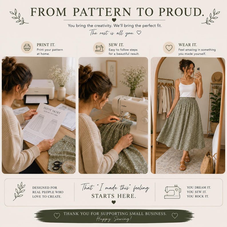 May include: A three-panel instructional graphic titled FROM PATTERN TO PROUD. It shows a person printing a ditsy skirt sewing pattern, sewing the fabric on a machine, and wearing the finished green floral midi skirt with a white tank top.