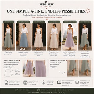 Puede incluir: Una gu&iacute;a de patr&oacute;n de costura digital para la falda Daisy, con un dise&ntilde;o en l&iacute;nea A sin pinzas. La infograf&iacute;a muestra seis variaciones, incluyendo estilos cl&aacute;sicos, con bolsillos laterales, botones, lino, gasa y dobladillo asim&eacute;trico.