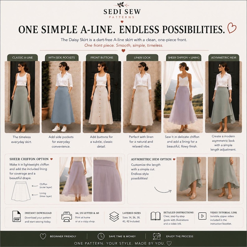 Puede incluir: Una gu&iacute;a de patr&oacute;n de costura digital para la falda Daisy, con un dise&ntilde;o en l&iacute;nea A sin pinzas. La infograf&iacute;a muestra seis variaciones, incluyendo estilos cl&aacute;sicos, con bolsillos laterales, botones, lino, gasa y dobladillo asim&eacute;trico.