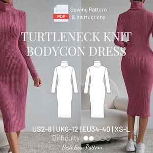 Turtleneck Ribbed Knit Bodycon Dress Sewing Digital Pdf Pattern  US 2-8 | UK 6-12 | EU34-40 | xs-l