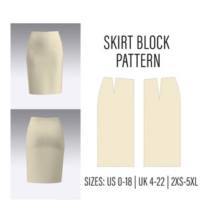 Pode incluir: Um padrão de bloco de saia bege para costura. O padrão inclui duas peças, uma frente e uma traseira, com uma costura central. O padrão está disponível nos tamanhos US 0-18, UK 4-22 e 2XS-5XL. O texto "SKIRT BLOCK PATTERN" está no topo da imagem.