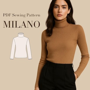 Può includere: Una donna indossa un maglione a collo alto marrone a coste e pantaloni neri. L'immagine include un disegno a tratto del maglione e il testo "PDF Sewing Pattern MILANO".