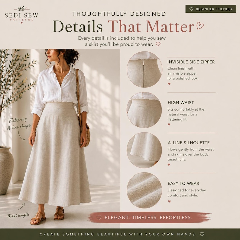 Puede incluir: Una falda larga acampanada de color beige con cintura alta y cremallera lateral invisible. La imagen incluye etiquetas de texto: Sedi Sew Patterns, Thoughtfully Designed Details That Matter, Beginner Friendly, Invisible Side Zipper, High Waist, A-Line Silhouette, Easy to Wear, Flattering A-line shape, Maxi length, y Elegant, Timeless, Effortless.