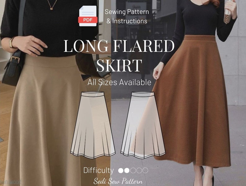 BEST Long Flared Skirt PDF Pattern Printable Sewing Small - Etsy