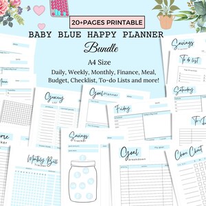 May include: A collection of printable planner pages in baby blue, featuring various layouts for weekly, monthly, and daily planning. The bundle includes pages for finance, meal planning, and to-do lists. Text on the pages includes "Weekly", "Savings", and "Goal Planner".