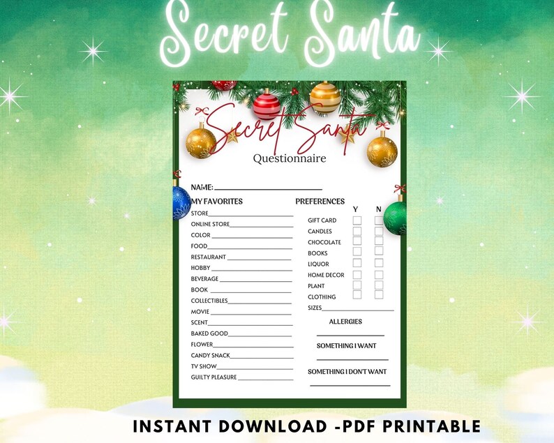 Green Secret Santa Questionnaire | Printable Secret Santa Form | Secret Santa for Work ...