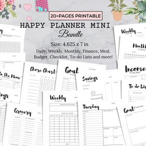 May include: A printable planner bundle with 20+ pages. The pages are black and white and include a variety of planner pages, such as daily, weekly, monthly, finance, meal, budget, checklist, to-do lists, and more. The pages are 11.75 cm by 17.78 cm.