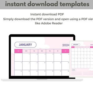 Pastel Pink Cute Illustrative 2024 With Notes Calendar A4 PDF 2024 ...