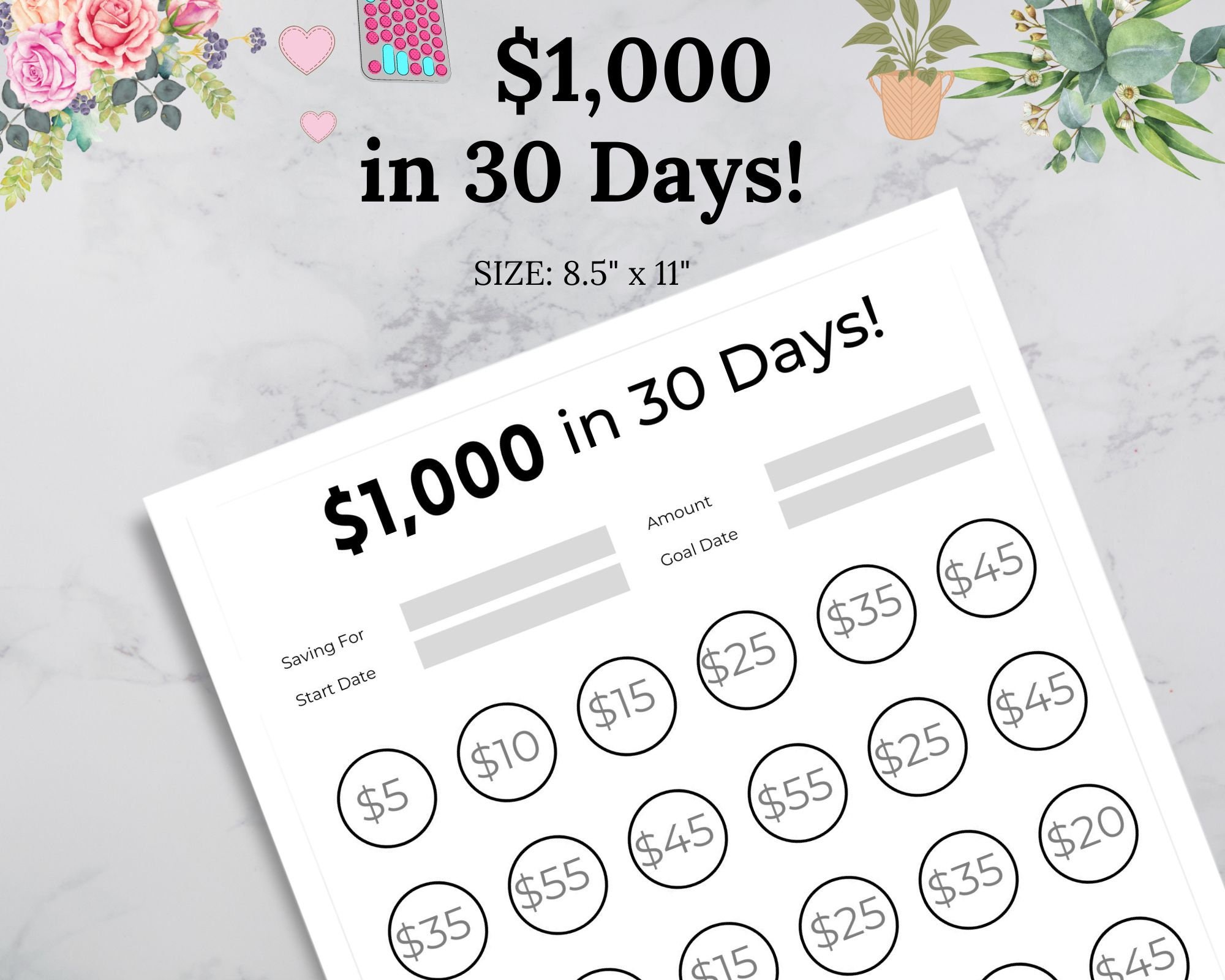 Money Saving Challenge Printable Save 1000 in 30 Days Savings Tracker ...