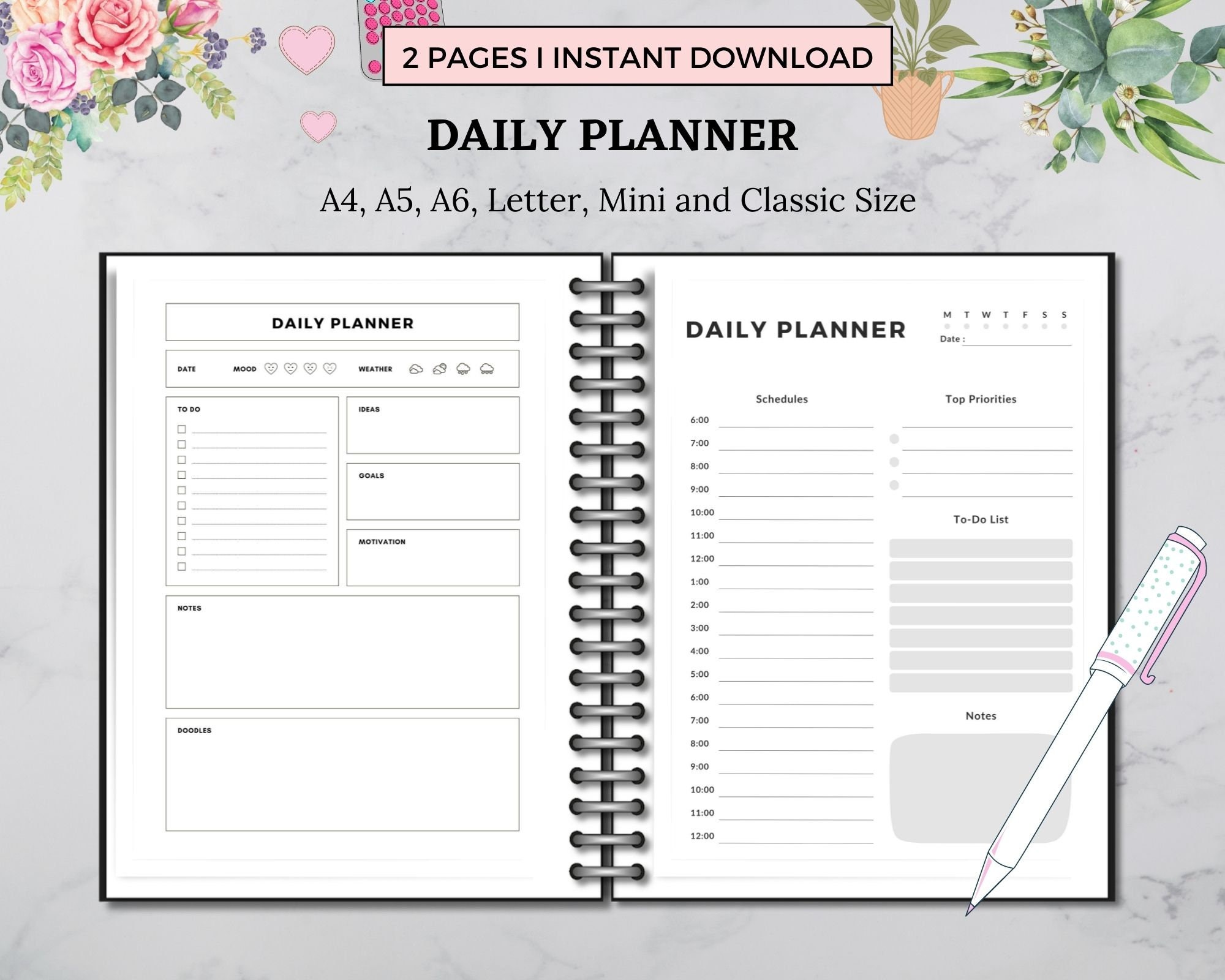 Daily Planner Printable Undated Daily Page Daily Organizer Undated