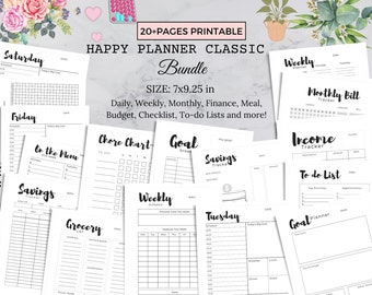 May include: A collection of printable planner pages, including daily, weekly, and monthly layouts. The bundle includes pages for finance, meal planning, and to-do lists. The size is 7x9.25 inches. The text on the pages includes "Happy Planner Classic Bundle".