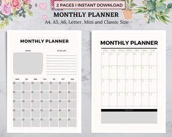 May include: Two printable monthly planner pages in black and white. The left page has a calendar grid with days of the week labelled, a notes section, and a to-do list. The right page has a calendar grid with days of the week labelled, a priority section, and a blank space for notes.
