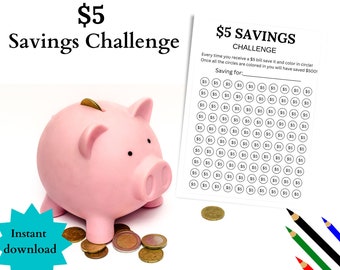 Money Saving Challenge Printable | 5 Dollar Savings Challenge | Savings ...