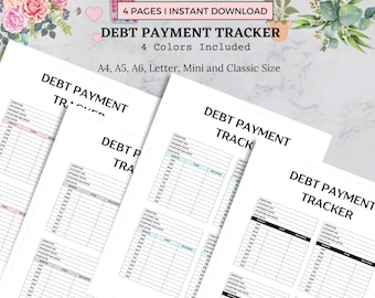 Peut inclure: Quatre pages imprimables d'un suivi de paiement de dettes. Les pages sont en quatre couleurs différentes et comprennent un tableau avec des colonnes pour le créancier, le numéro de compte, le taux d'intérêt, le solde initial, la date d'échéance, le mois, le paiement effectué et le solde.