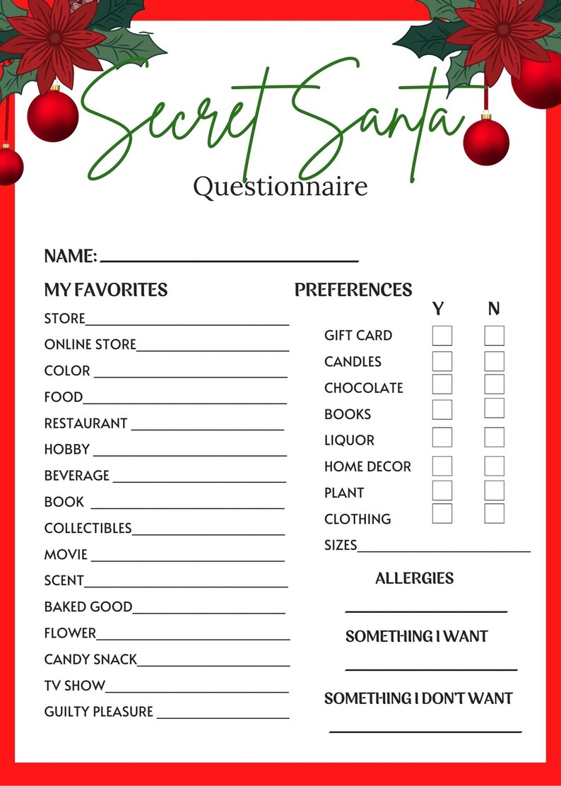 Printable Secret Santa Questionnaire Secret Santa Form Secret Santa For 