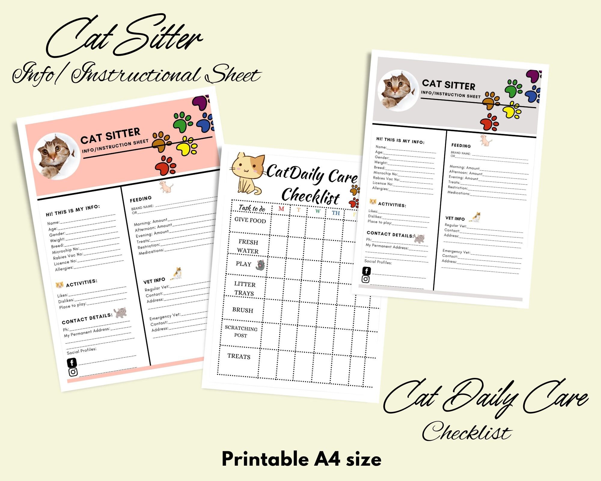 Cat Sitter Info / Instructional Sheet, Cat Daily Care Checklist