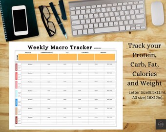May include: A printable weekly macro tracker sheet with columns for protein, carbohydrates, fat, calories, and weight. The sheet is designed to help track daily food intake and progress towards fitness goals. It includes a goal section and a weekly tracker section with space for breakfast, lunch, dinner, and daily total.