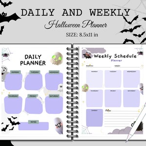 May include: A Halloween-themed daily and weekly planner with a purple and white color scheme. The planner features cute Halloween characters like ghosts, bats, and spiders. The daily planner has space for Monday through Sunday, and the weekly planner has space for the month, week, and notes.