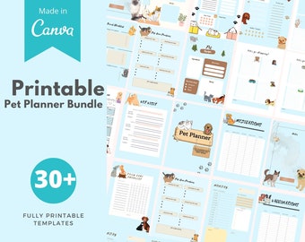 May include: A printable pet planner bundle with over 30 templates. The bundle includes pages for vet visits, medications, vaccinations, pet care routines, and more. The pages are decorated with cute illustrations of dogs and cats.