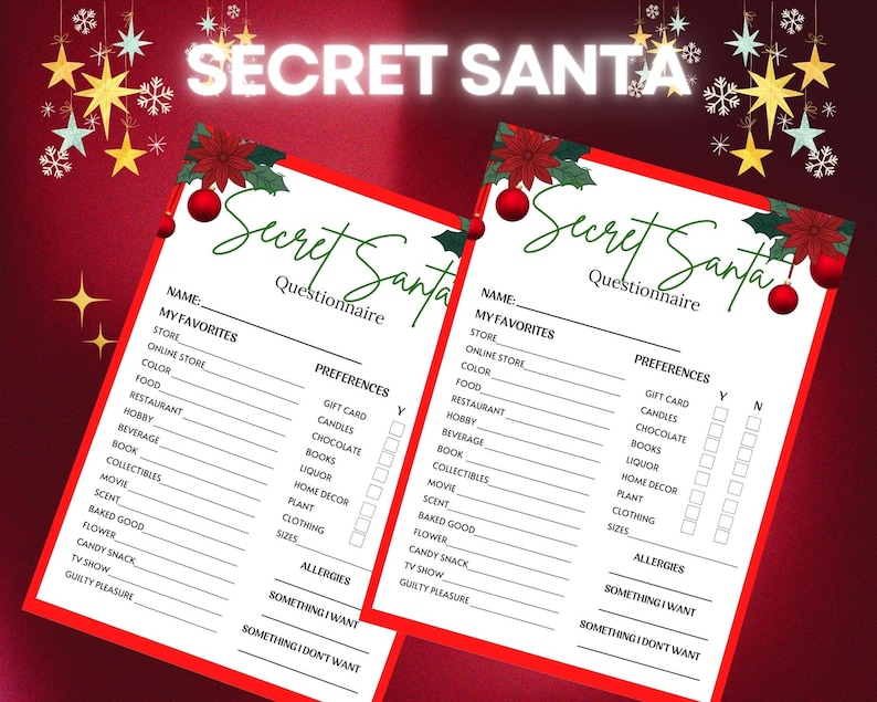 Printable Secret Santa Questionnaire Secret Santa Form - Etsy