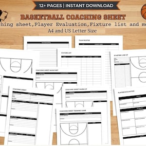 May include: A collection of printable basketball coaching sheets featuring black and white templates for team rosters, fixture lists, starting lineups, and player evaluations. The documents include diagrams of basketball courts and text labels.