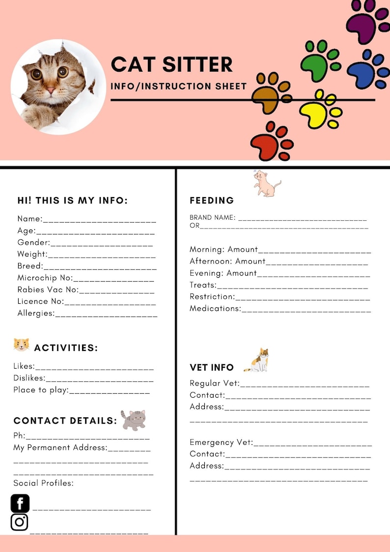 Cat Sitter Info / Instructional Sheet Cat Daily Care Etsy