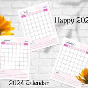 Pastel Pink Cute Illustrative 2024 With Notes Calendar A4 PDF 2024 ...
