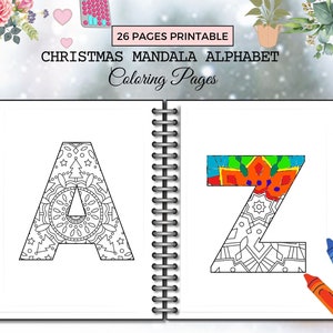 Feliz Natal Mandala Alfabeto Livro para colorir para crianças e adultos A-Z, letras para colorir. Página para colorir de letras para impressão.