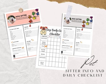 Dog Sitter Info / Instructional Sheet, Dog Daily Care Checklist, A4, Printable, 5 different colors